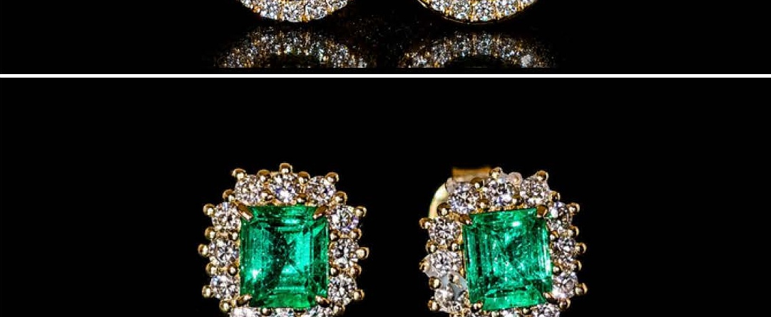 Emerald Cut Emerald Halo Diamond Stud Aretes in Yellow Gold