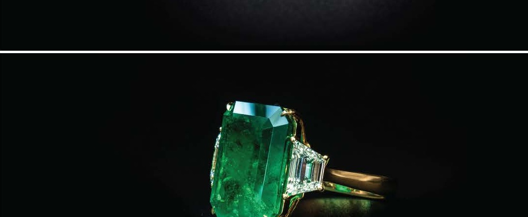 Emerald-Cut Emerald Solitaire Ring with Trapezoid Diamond Side Stones in Yellow Gold