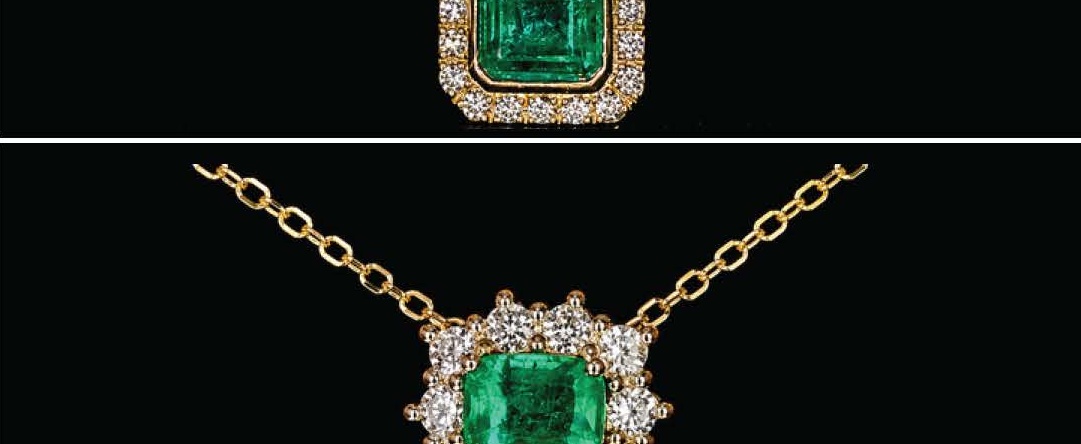 Emerald Cut Emerald Pendant with Prong Set Diamond Cluster Halo in Yellow Gold